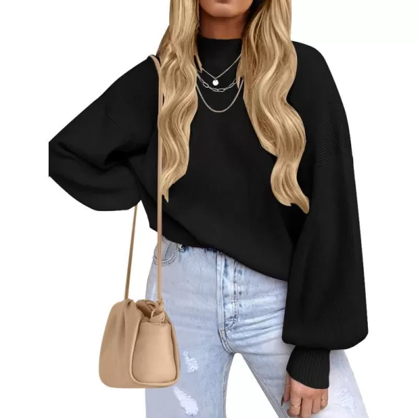 imageZESICA Womens 2023 Casual Turtleneck Long Lantern Sleeve Oversized Ribbed Knit Pullover Sweater Jumper TopBlack