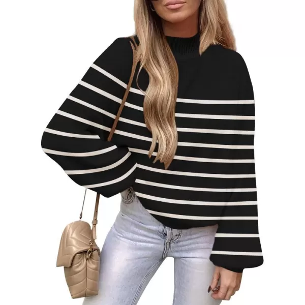 imageZESICA Womens 2023 Casual Turtleneck Long Lantern Sleeve Oversized Ribbed Knit Pullover Sweater Jumper TopBlackstripe