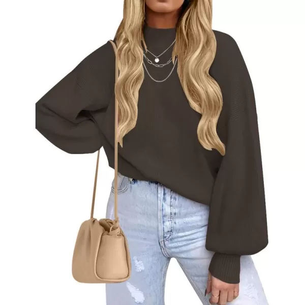 imageZESICA Womens 2023 Casual Turtleneck Long Lantern Sleeve Oversized Ribbed Knit Pullover Sweater Jumper TopCoffee