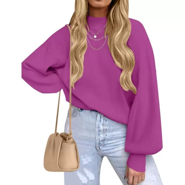 imageZESICA Womens 2023 Casual Turtleneck Long Lantern Sleeve Oversized Ribbed Knit Pullover Sweater Jumper TopEggplant