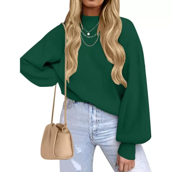 imageZESICA Womens 2023 Casual Turtleneck Long Lantern Sleeve Oversized Ribbed Knit Pullover Sweater Jumper TopForestgreen