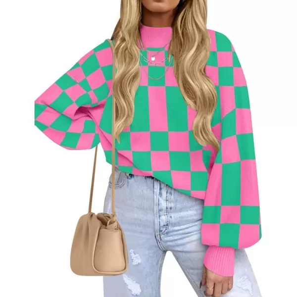 imageZESICA Womens 2023 Casual Turtleneck Long Lantern Sleeve Oversized Ribbed Knit Pullover Sweater Jumper TopGreenplaid