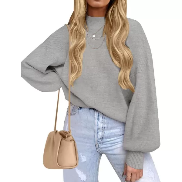 imageZESICA Womens 2023 Casual Turtleneck Long Lantern Sleeve Oversized Ribbed Knit Pullover Sweater Jumper TopGrey