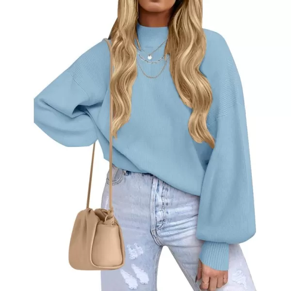 imageZESICA Womens 2023 Casual Turtleneck Long Lantern Sleeve Oversized Ribbed Knit Pullover Sweater Jumper TopLightblue
