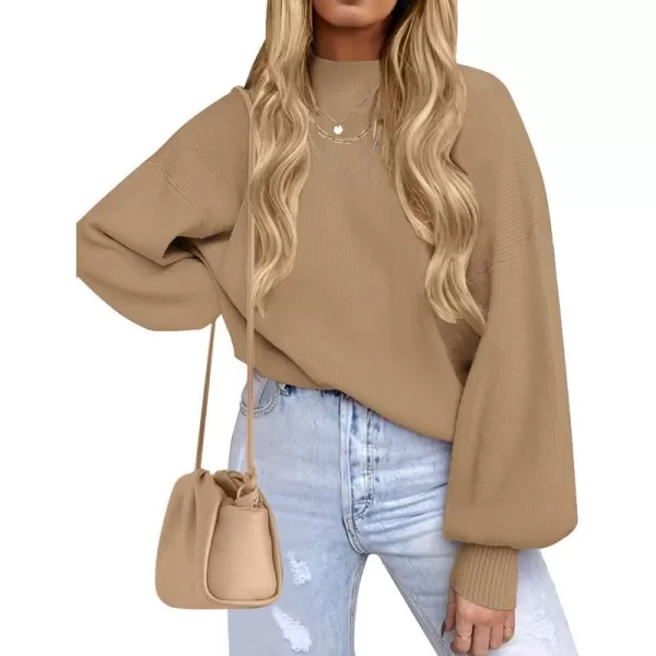 imageZESICA Womens 2023 Casual Turtleneck Long Lantern Sleeve Oversized Ribbed Knit Pullover Sweater Jumper TopLightkhaki