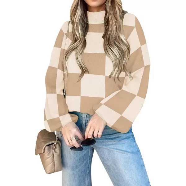 imageZESICA Womens 2023 Casual Turtleneck Long Lantern Sleeve Oversized Ribbed Knit Pullover Sweater Jumper TopLightkhakiplaid