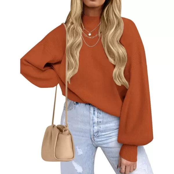 imageZESICA Womens 2023 Casual Turtleneck Long Lantern Sleeve Oversized Ribbed Knit Pullover Sweater Jumper TopMaple