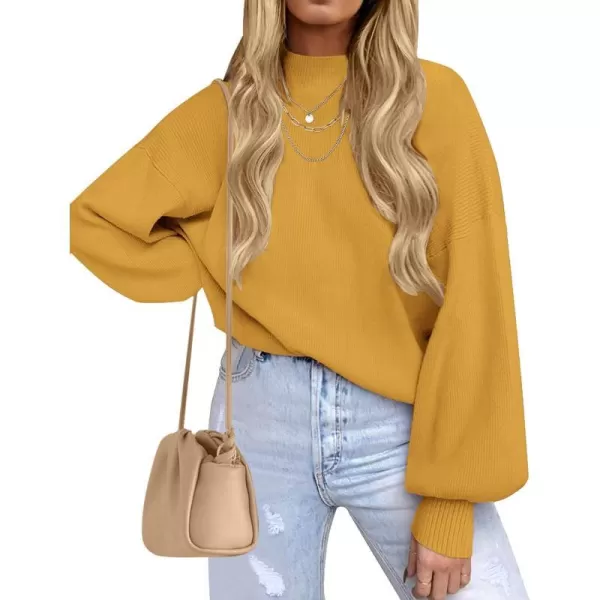 imageZESICA Womens 2023 Casual Turtleneck Long Lantern Sleeve Oversized Ribbed Knit Pullover Sweater Jumper TopMustard