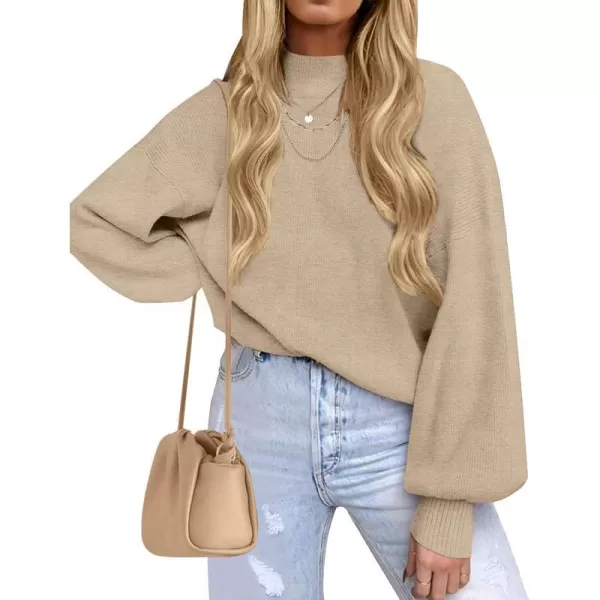 imageZESICA Womens 2023 Casual Turtleneck Long Lantern Sleeve Oversized Ribbed Knit Pullover Sweater Jumper TopOatmeal