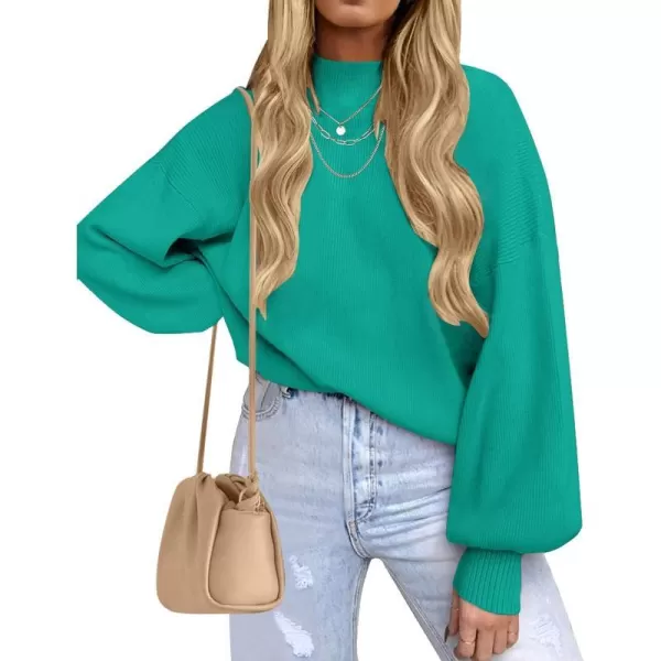 imageZESICA Womens 2023 Casual Turtleneck Long Lantern Sleeve Oversized Ribbed Knit Pullover Sweater Jumper TopPeacock