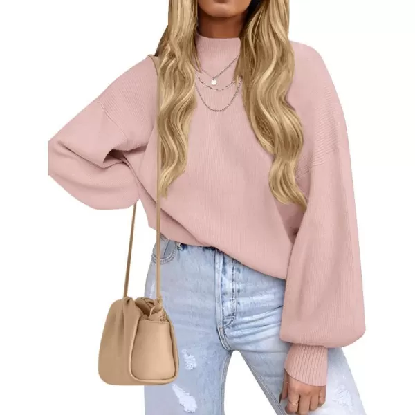 imageZESICA Womens 2023 Casual Turtleneck Long Lantern Sleeve Oversized Ribbed Knit Pullover Sweater Jumper TopPink