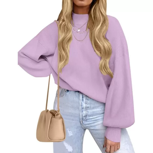 imageZESICA Womens 2023 Casual Turtleneck Long Lantern Sleeve Oversized Ribbed Knit Pullover Sweater Jumper TopPurple