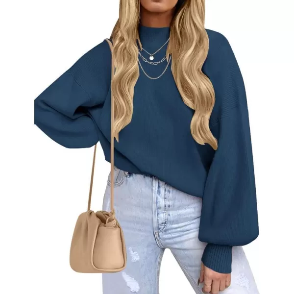 imageZESICA Womens 2023 Casual Turtleneck Long Lantern Sleeve Oversized Ribbed Knit Pullover Sweater Jumper TopRoyalblue
