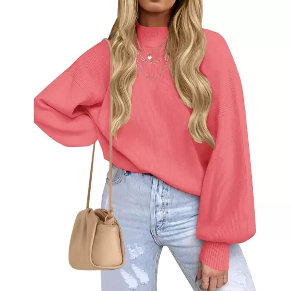 imageZESICA Womens 2023 Casual Turtleneck Long Lantern Sleeve Oversized Ribbed Knit Pullover Sweater Jumper TopWatermelon