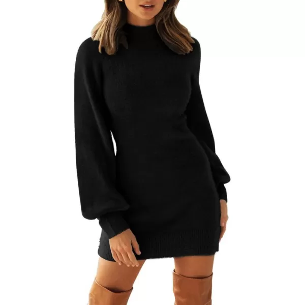 imageZESICA Womens 2023 Casual Turtleneck Long Puff Sleeve Soft Fuzzy Knit Bodycon Pullover Mini Sweater DressAllblack