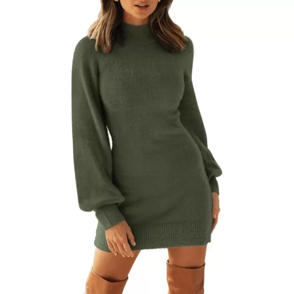 imageZESICA Womens 2023 Casual Turtleneck Long Puff Sleeve Soft Fuzzy Knit Bodycon Pullover Mini Sweater DressArmygreen