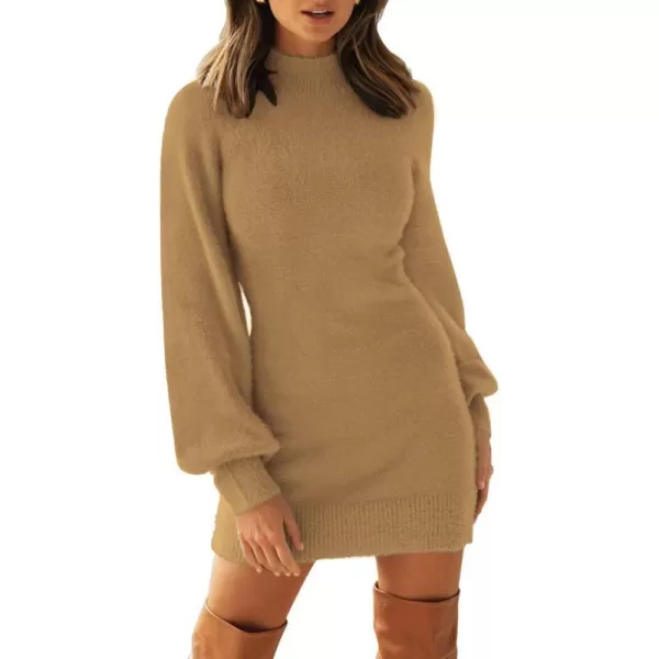 imageZESICA Womens 2023 Casual Turtleneck Long Puff Sleeve Soft Fuzzy Knit Bodycon Pullover Mini Sweater DressCamel