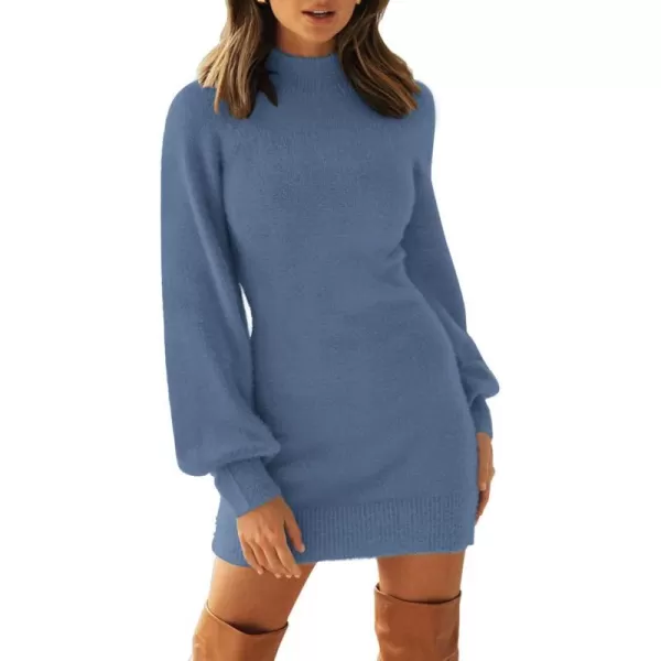 imageZESICA Womens 2023 Casual Turtleneck Long Puff Sleeve Soft Fuzzy Knit Bodycon Pullover Mini Sweater DressDarkblue