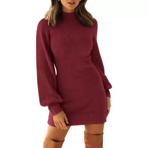 imageZESICA Womens 2023 Casual Turtleneck Long Puff Sleeve Soft Fuzzy Knit Bodycon Pullover Mini Sweater DressDarkred