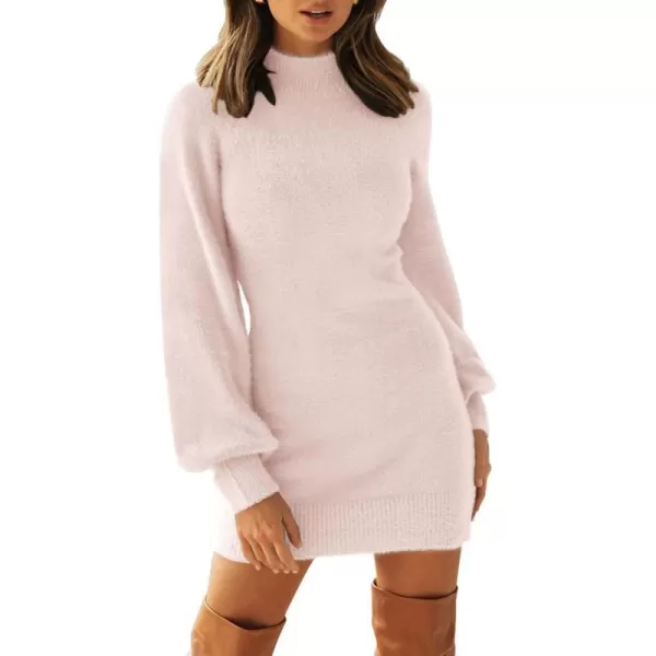 imageZESICA Womens 2023 Casual Turtleneck Long Puff Sleeve Soft Fuzzy Knit Bodycon Pullover Mini Sweater DressLightpink