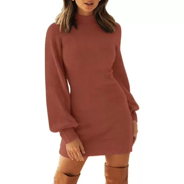 imageZESICA Womens 2023 Casual Turtleneck Long Puff Sleeve Soft Fuzzy Knit Bodycon Pullover Mini Sweater DressRust
