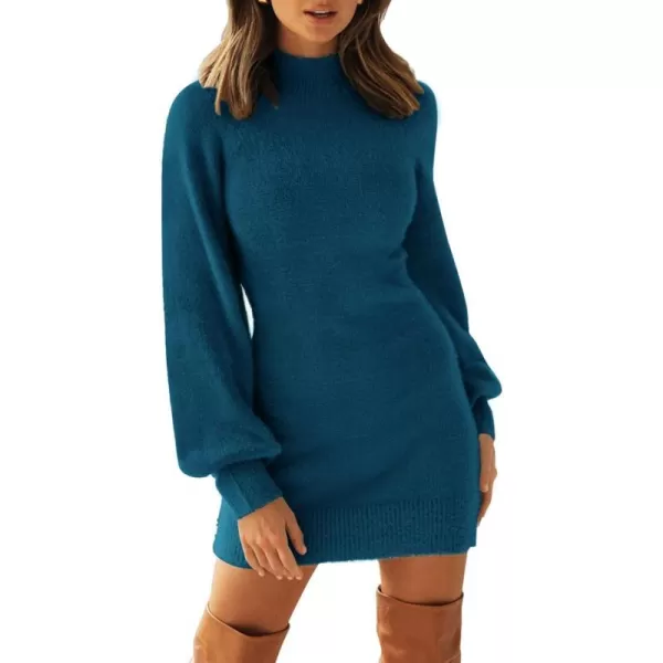 imageZESICA Womens 2023 Casual Turtleneck Long Puff Sleeve Soft Fuzzy Knit Bodycon Pullover Mini Sweater DressTeal