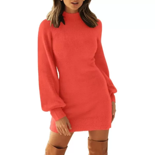 imageZESICA Womens 2023 Casual Turtleneck Long Puff Sleeve Soft Fuzzy Knit Bodycon Pullover Mini Sweater DressTomato