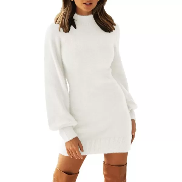 imageZESICA Womens 2023 Casual Turtleneck Long Puff Sleeve Soft Fuzzy Knit Bodycon Pullover Mini Sweater DressWhite