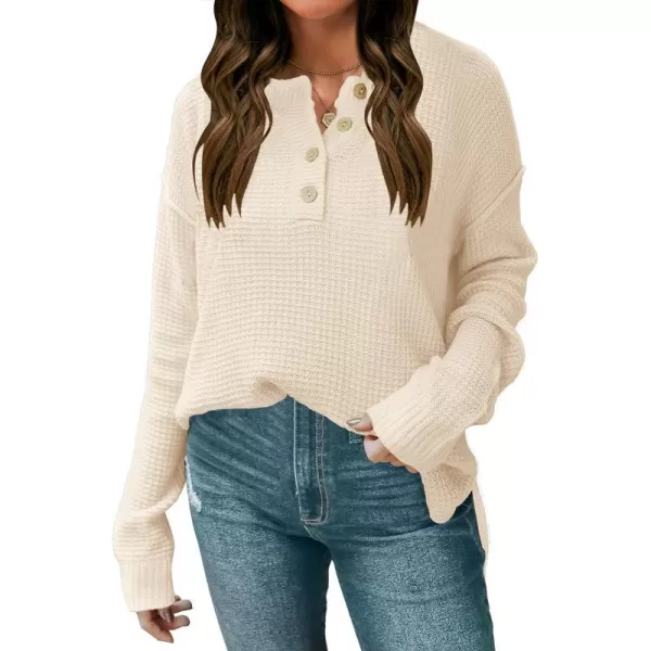 imageZESICA Womens 2023 Casual V Neck Sweater Loose Long Sleeve Waffle Knit Button Henley Pullover Jumper TopApricot