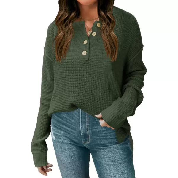 imageZESICA Womens 2023 Casual V Neck Sweater Loose Long Sleeve Waffle Knit Button Henley Pullover Jumper TopArmygreen