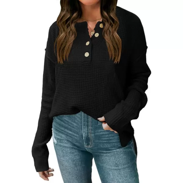 imageZESICA Womens 2023 Casual V Neck Sweater Loose Long Sleeve Waffle Knit Button Henley Pullover Jumper TopBlack