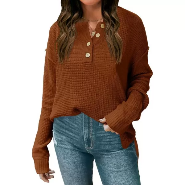 imageZESICA Womens 2023 Casual V Neck Sweater Loose Long Sleeve Waffle Knit Button Henley Pullover Jumper TopCaramel