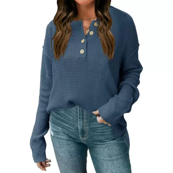 imageZESICA Womens 2023 Casual V Neck Sweater Loose Long Sleeve Waffle Knit Button Henley Pullover Jumper TopDustyblue