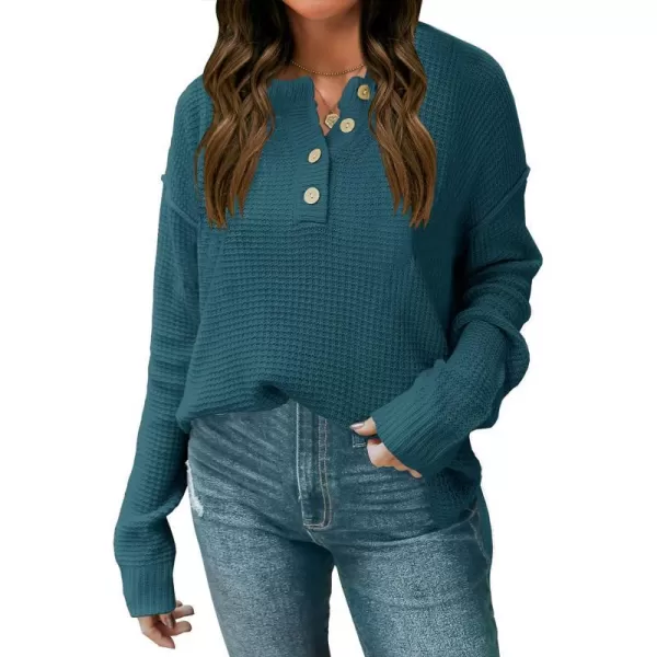 imageZESICA Womens 2023 Casual V Neck Sweater Loose Long Sleeve Waffle Knit Button Henley Pullover Jumper TopDustygreen