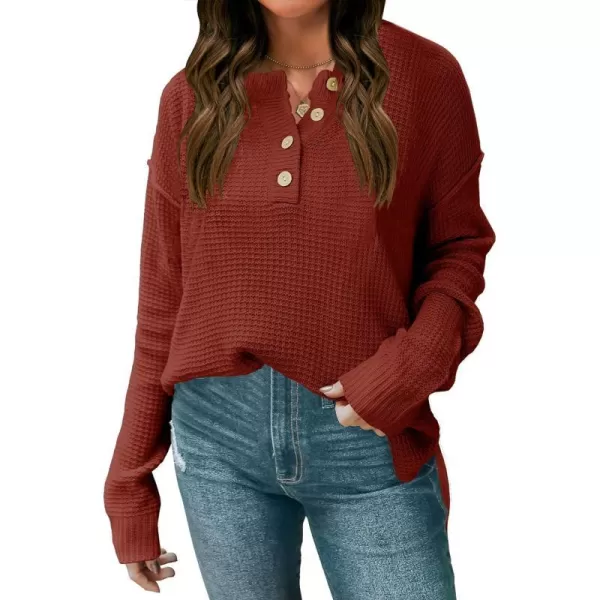 imageZESICA Womens 2023 Casual V Neck Sweater Loose Long Sleeve Waffle Knit Button Henley Pullover Jumper TopRust