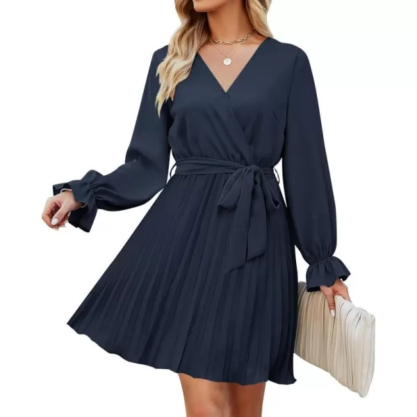 imageZESICA Womens 2023 Casual Wrap V Neck Long Sleeve Tie Waist Swing Pleated Wedding Guest Mini DressNavy