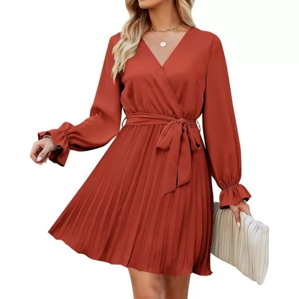 imageZESICA Womens 2023 Casual Wrap V Neck Long Sleeve Tie Waist Swing Pleated Wedding Guest Mini DressRust