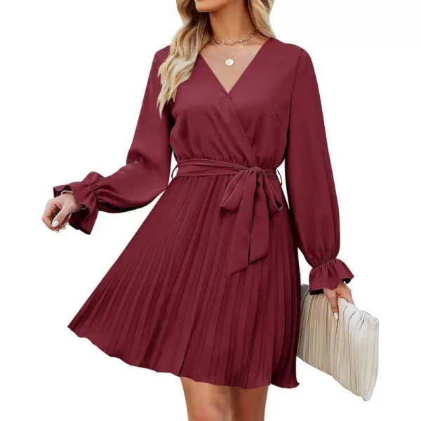imageZESICA Womens 2023 Casual Wrap V Neck Long Sleeve Tie Waist Swing Pleated Wedding Guest Mini DressWine