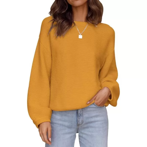 imageZESICA Womens 2023 Crew Neck Long Lantern Sleeve Casual Loose Ribbed Knit Solid Soft Pullover Sweater TopsGinger
