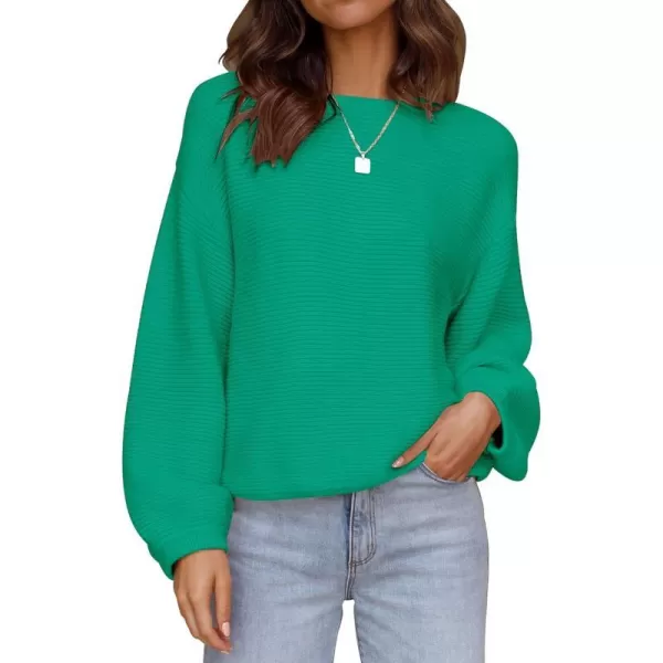imageZESICA Womens 2023 Crew Neck Long Lantern Sleeve Casual Loose Ribbed Knit Solid Soft Pullover Sweater TopsGreen