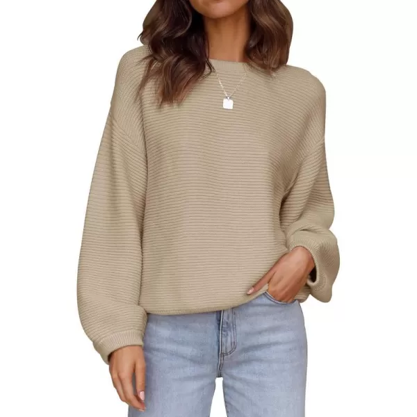 imageZESICA Womens 2023 Crew Neck Long Lantern Sleeve Casual Loose Ribbed Knit Solid Soft Pullover Sweater TopsKhaki