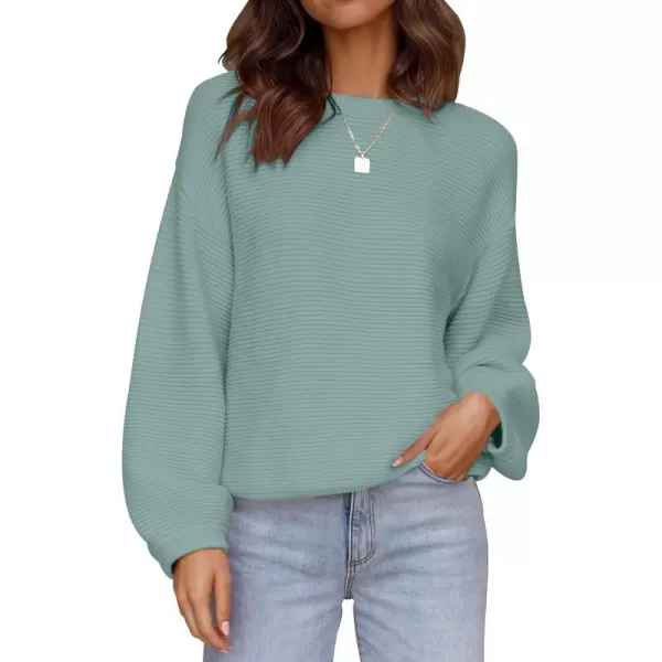 imageZESICA Womens 2023 Crew Neck Long Lantern Sleeve Casual Loose Ribbed Knit Solid Soft Pullover Sweater TopsLake