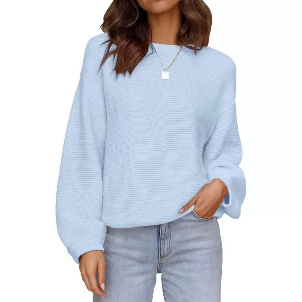 imageZESICA Womens 2023 Crew Neck Long Lantern Sleeve Casual Loose Ribbed Knit Solid Soft Pullover Sweater TopsLightblue