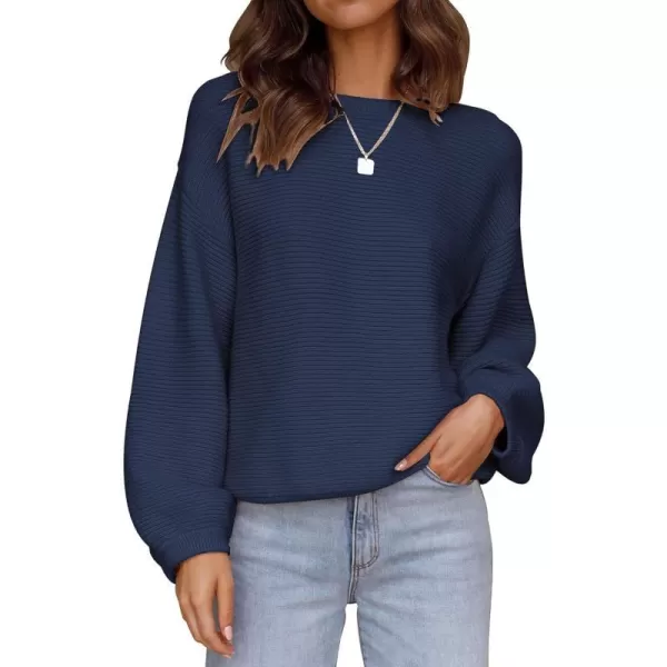 imageZESICA Womens 2023 Crew Neck Long Lantern Sleeve Casual Loose Ribbed Knit Solid Soft Pullover Sweater TopsNavy
