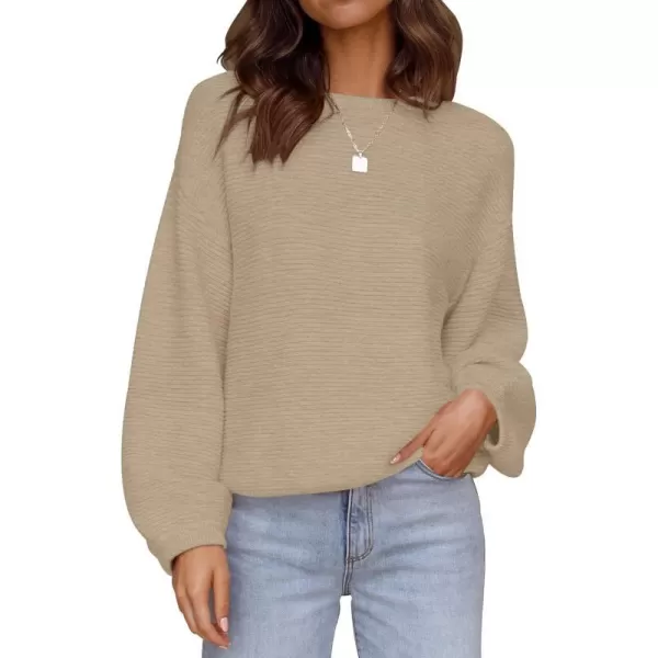 imageZESICA Womens 2023 Crew Neck Long Lantern Sleeve Casual Loose Ribbed Knit Solid Soft Pullover Sweater TopsOatmeal