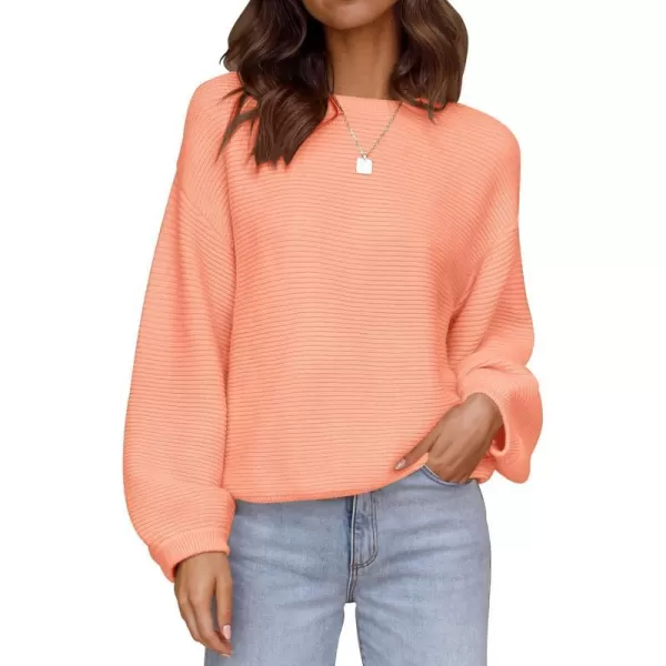 imageZESICA Womens 2023 Crew Neck Long Lantern Sleeve Casual Loose Ribbed Knit Solid Soft Pullover Sweater TopsPeach