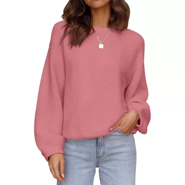 imageZESICA Womens 2023 Crew Neck Long Lantern Sleeve Casual Loose Ribbed Knit Solid Soft Pullover Sweater TopsPink