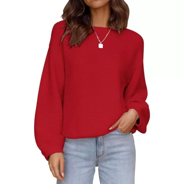 imageZESICA Womens 2023 Crew Neck Long Lantern Sleeve Casual Loose Ribbed Knit Solid Soft Pullover Sweater TopsRed
