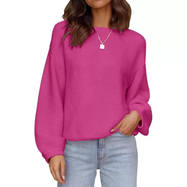 imageZESICA Womens 2023 Crew Neck Long Lantern Sleeve Casual Loose Ribbed Knit Solid Soft Pullover Sweater TopsRose