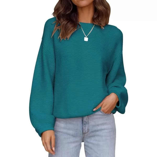 imageZESICA Womens 2023 Crew Neck Long Lantern Sleeve Casual Loose Ribbed Knit Solid Soft Pullover Sweater TopsTeal